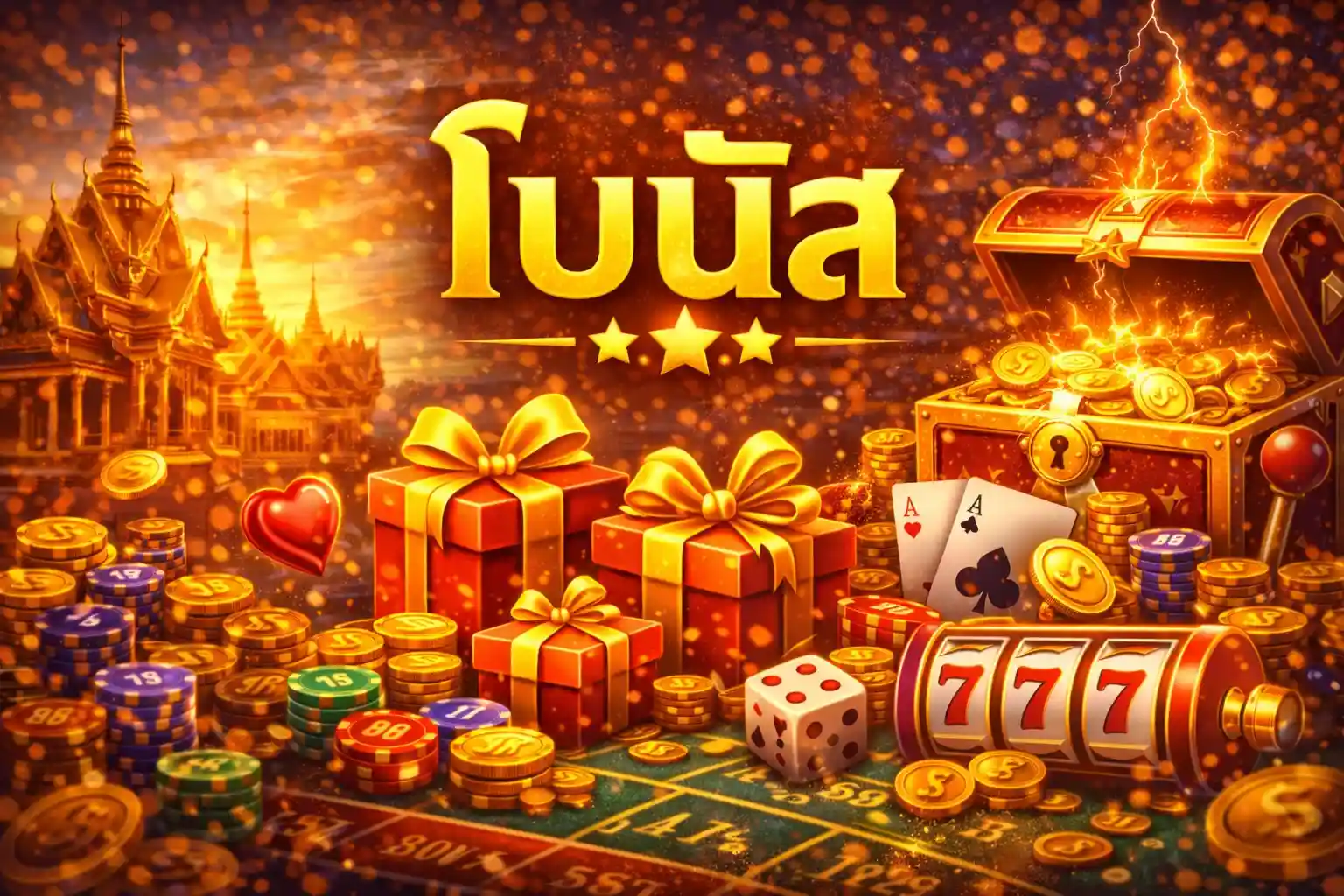 หีบสมบัติทองคำเปิดออกพร้อมแสงสว่างวาบ แสดงถึงรางวัลโบนัสใหญ่และเหรียญทองมหาศาล