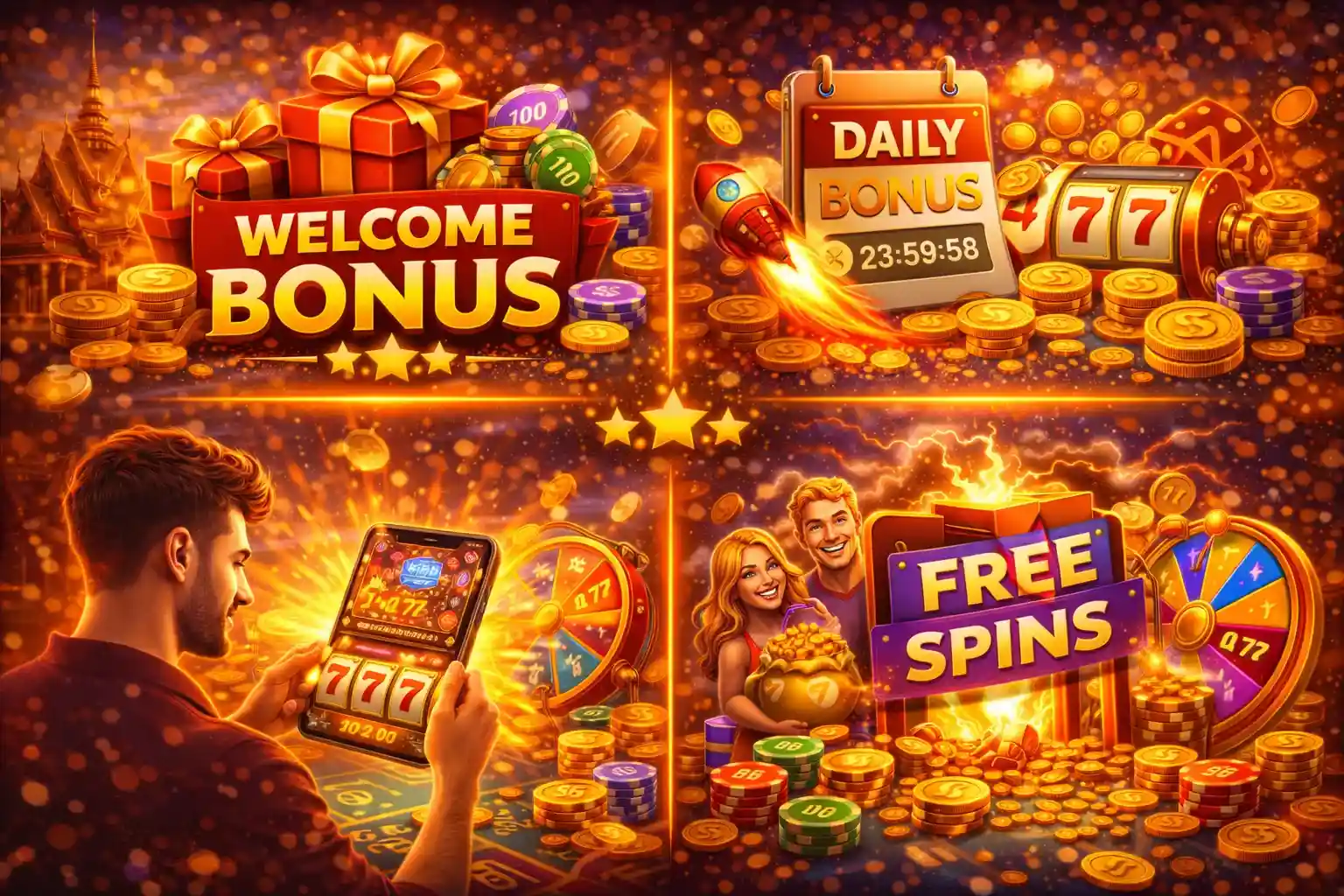โปรโมชั่นโบนัสต้อนรับ ฟรีสปิน และโบนัสรายวันสำหรับผู้เล่นคาสิโนและสล็อต