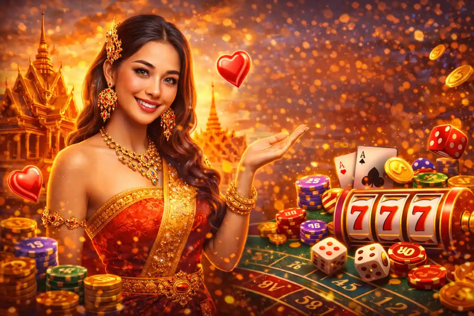 หญิงสาวสวยในชุดไทยประยุกต์ยิ้มต้อนรับพร้อมไพ่เอซและลูกเต๋าแห่งความโชคดี