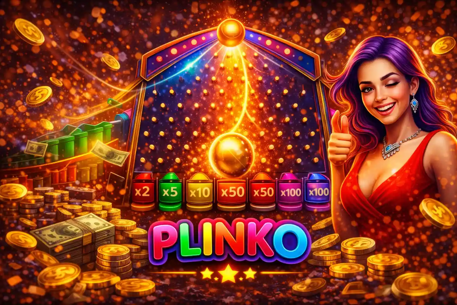 เกม Plinko หย่อนลูกบอลลงช่องตัวคูณรางวัล พร้อมเหรียญทองและกราฟิกสีสันสดใส