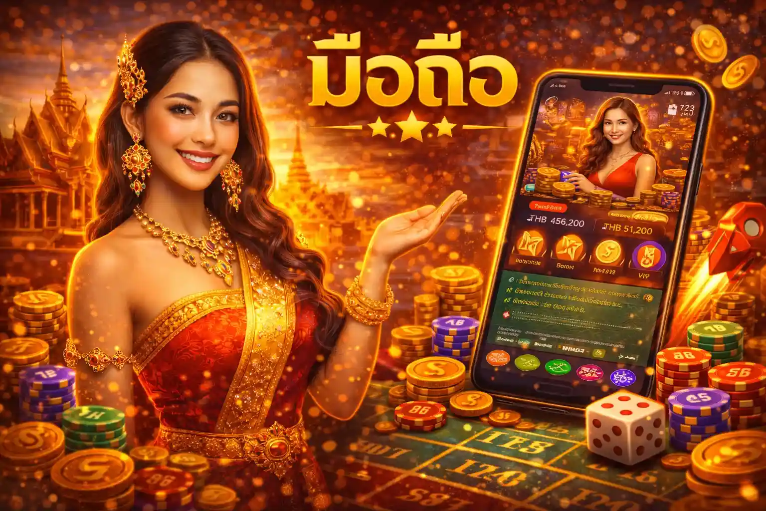 ดีไซน์แอปพลิเคชั่นคาสิโนบนมือถือสีทองหรูหรา พร้อมนางแบบสาวสวยเชิญชวนให้ดาวน์โหลด