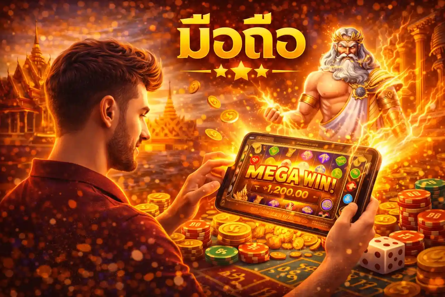 ชายหนุ่มกำลังเล่นเกมสล็อต Gates of Olympus บนแท็บเล็ต แตกรางวัลใหญ่ Mega Win