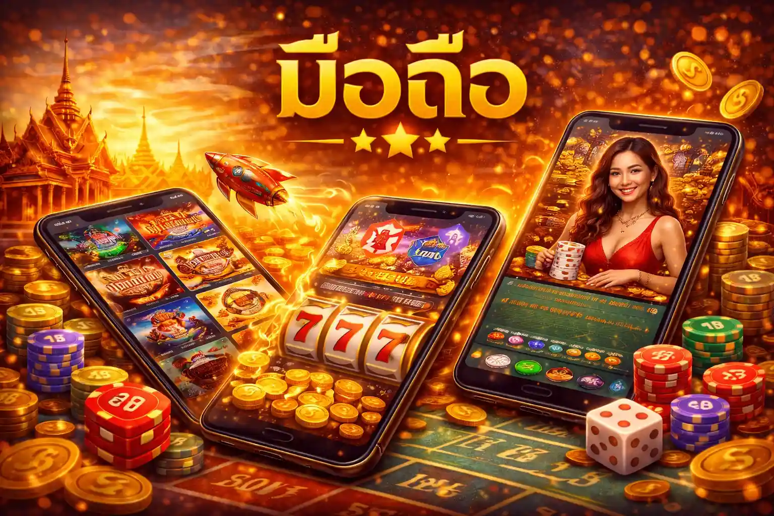 สมาร์ทโฟนแสดงหน้าจอเกมสล็อตและตารางเดิมพันคาสิโน รองรับการเล่นทุกที่ทุกเวลา