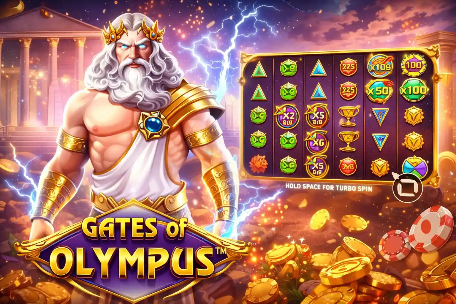 เทพเจ้าซุสในเกม Gates of Olympus พร้อมตารางสล็อตและสัญลักษณ์ตัวคูณรางวัลสายฟ้า
