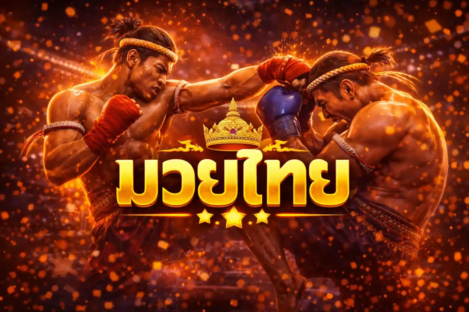 นักมวยไทยสองคนกำลังคลุกวงในออกอาวุธบนสังเวียน บรรยากาศการต่อสู้สุดดุเดือด